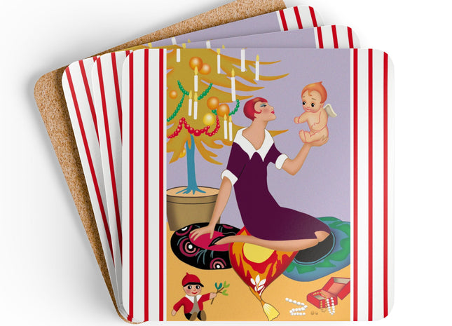 Art Deco Christmas Corkwood Coaster Set