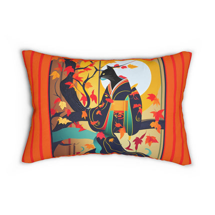 Black Cat in Kimono Spun Polyester Lumbar Pillow