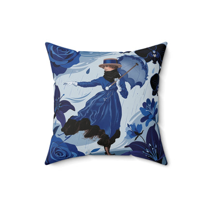 ☔💙 The Blue Rain Promenade Square Pillow – Art Deco Floral Fashion