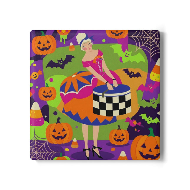🍬🎃 The Lady Of Candy Corn Hollow Ceramic Coaster – Colorful Halloween Charm