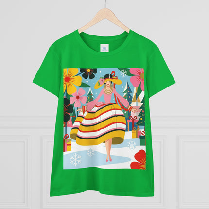 🎄🌸 The Christmas Blossom Belle Cotton Tee – Art Deco Holiday Whimsy