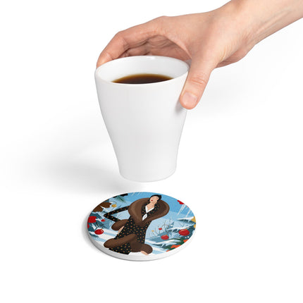 ❤️🌺 The Lady Of The Winter Garden Ceramic Coaster – Art Deco Winter Elegance