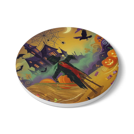 🌙🎃 The Scarecrow Of Haunted Hollow Ceramic Coaster – Whimsical Halloween Mystery