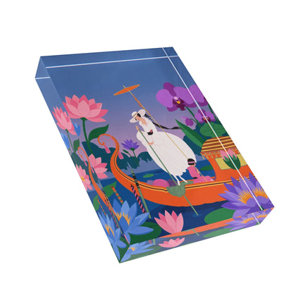 🪷🛶 The Lady Of The Lotus Lake Acrylic Art Block – Art Deco Botanical Fantasy