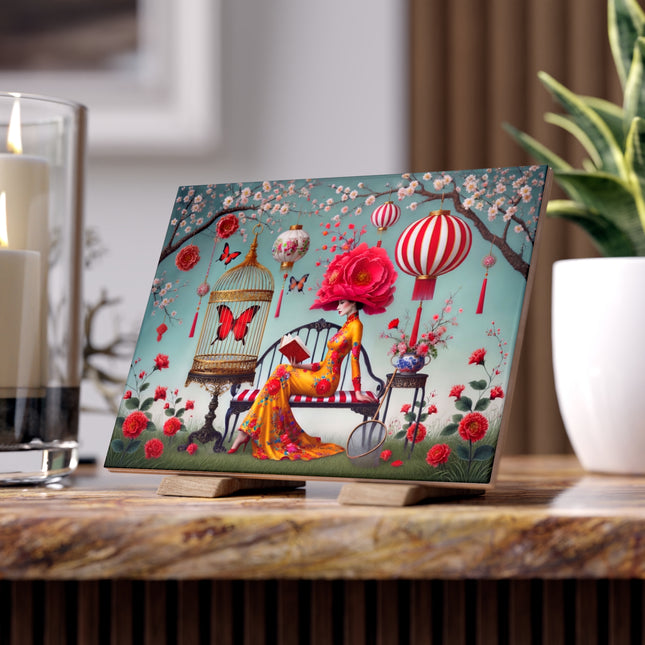 Reading In A Painted Garden Ceramic Tile