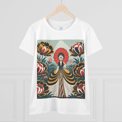 ❤️🌺 The Scarlet Parasol Garden Cotton Tee – Art Deco Floral Elegance