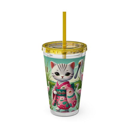 Geisha Kitten Strolls Among the Spoonbills Sunsplash Tumbler with Straw, 16oz