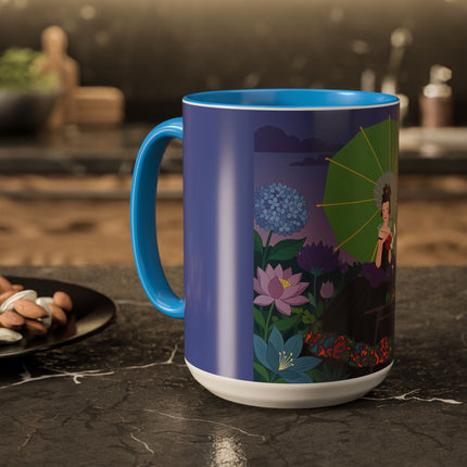The Lady Of The Moonlit Needlework Colorful Mugs – Art Deco Crafting Elegance