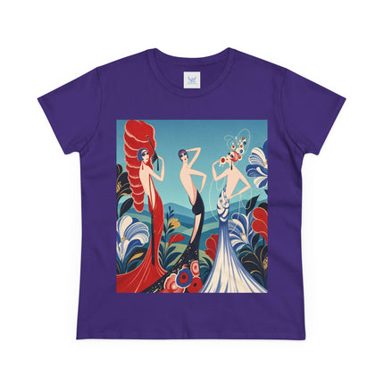 🌹🎭 The Three Ladies Of The Floral Promenade Cotton Tee – Art Deco Fashion Elegance