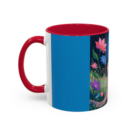 The Lady And The Moonlit Peak Colorful Mugs – Art Deco Alpine Garden Elegance