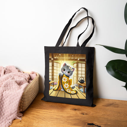 Playful Kitten in the Tea Room Cotton Canvas Tote Bag – Curious Charm & Cozy Whimsy