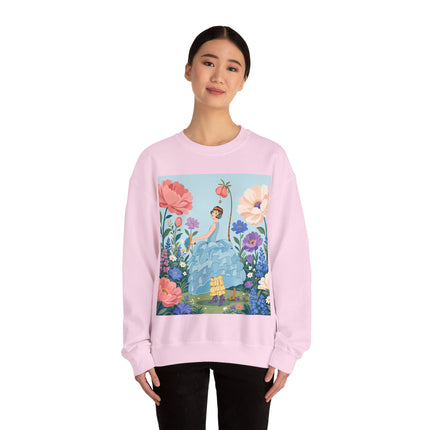 🌸🩵 The Blue Ruffle Garden Crewneck Sweatshirt – Art Deco Floral Whimsy
