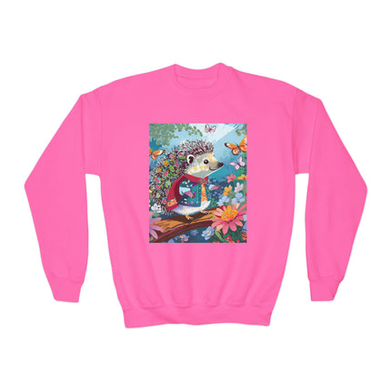 Cute Hedgehog Youth Crewneck Sweatshirt – Garden Adventure & Whimsical Charm