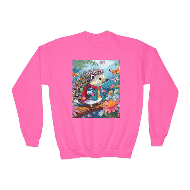 Cute Hedgehog Youth Crewneck Sweatshirt – Garden Adventure & Whimsical Charm