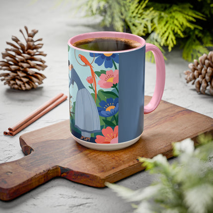 The Lady And The Mysterious Bird Colorful Mugs – Art Deco Botanical Mystery