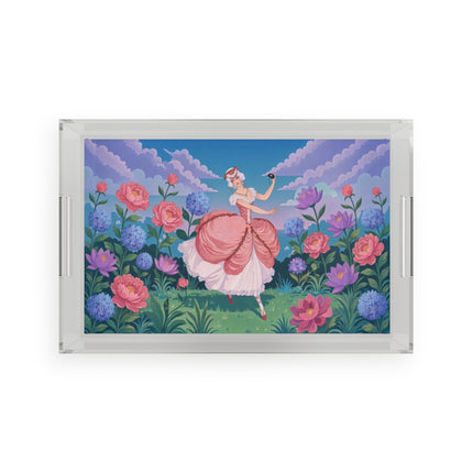 🎭🌸 The Lady Of The Secret Masquerade Acrylic Serving Tray – Art Deco Garden Fantasy