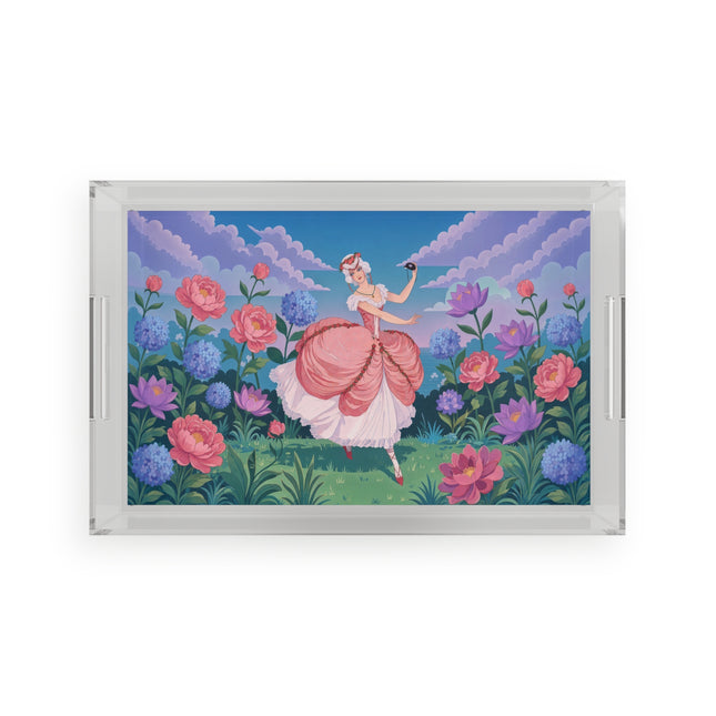 🎭🌸 The Lady Of The Secret Masquerade Acrylic Serving Tray – Art Deco Garden Fantasy
