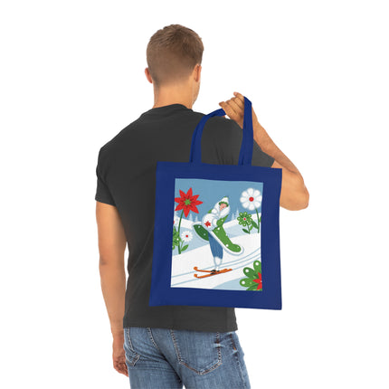 🎿🌺 The Winter Garden Skier Cotton Tote Bag – Colorful Winter Adventure