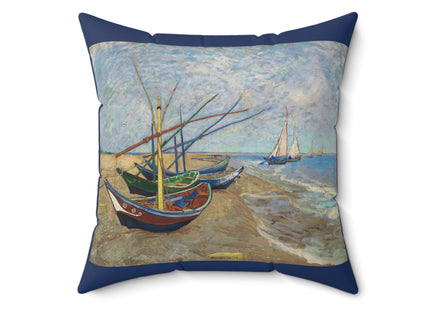 Fishing Boats on the Beach at Saintes-Maries by Vincent Van Gogh Spun Polyester Square Pillow