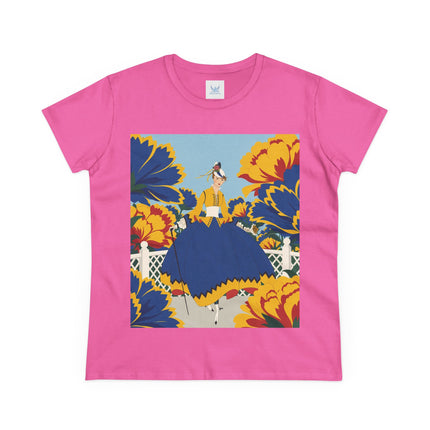 💙🌼 The Golden Petal Promenade Cotton Tee – Art Deco Floral Elegance