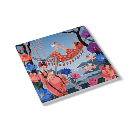 🌸🪽 The Garden Of Little Cupids Ceramic Coaster – Art Deco Floral Fantasy
