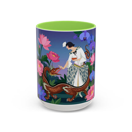 The Lady And The Garden Dragon Colorful Mugs – Art Deco Mythical Botanical Elegance