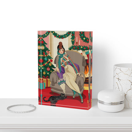 🖤🔥 The Lady Of The Christmas Hearth Acrylic Art Block – Art Deco Holiday Elegance