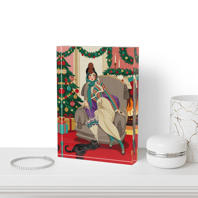 🖤🔥 The Lady Of The Christmas Hearth Acrylic Art Block – Art Deco Holiday Elegance
