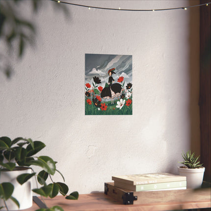 🌧️🌺 The Lady Of The Rainy Flower Meadow Matte Vertical Poster – Art Deco Floral Whimsy