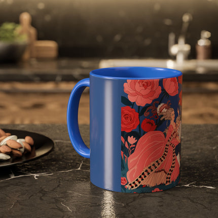 The Lady And The Scarlet Macaw Colorful Mugs – Art Deco Floral Elegance