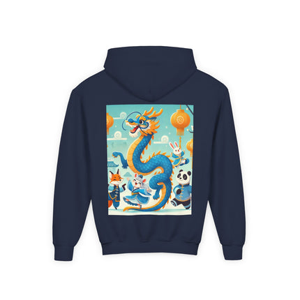 Blue & Gold Dragon Festival Parade Youth Hooded Sweatshirt – Joyful Celebration & Cultural Magic
