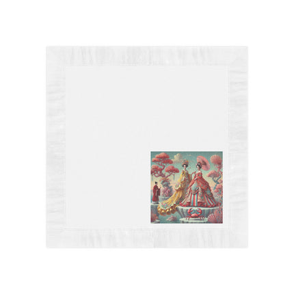 Cherry Blossom Courtesans & Crimson Crab White Coined Napkins – Imperial Elegance & Playful Charm