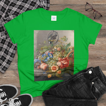 Still Life With Flowers, Fruit, A Great Tit And A Mouse by Herman Henstenburgh Women's Midweight Cotton Tee