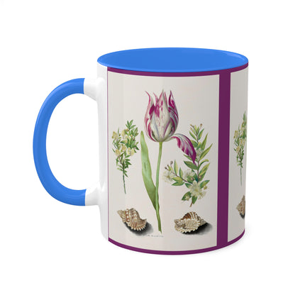 Tulip, Branches of Myrtle and Shells by Maria Sibylla Merian Colorful Mugs, 11oz