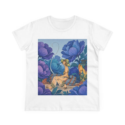 💙🌸 The Lady Among The Blue Blossoms Cotton Tee – Art Deco Floral Reverie