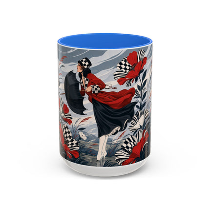 ☔🌹 The Scarlet Checkerboard Rainstorm Colorful Mug – Art Deco Floral Elegance