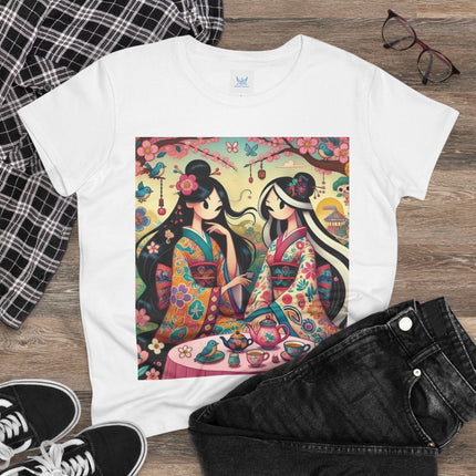 Fairies in Kimonos at Tea Among Blossoms Cotton Tee