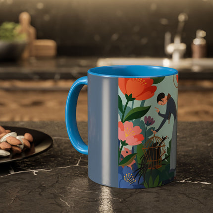 The Lady And The Mysterious Bird Colorful Mugs – Art Deco Botanical Mystery