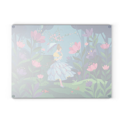 🌸🐇 The Lady Of The Secret Flower Wood Glass Cutting Board – Art Deco Enchanted Garden Fantasy