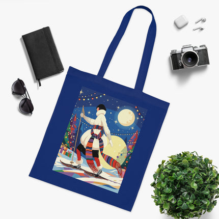 🎿🌙 The Moonlit Christmas Skier Cotton Tote Bag – Art Deco Holiday Adventure