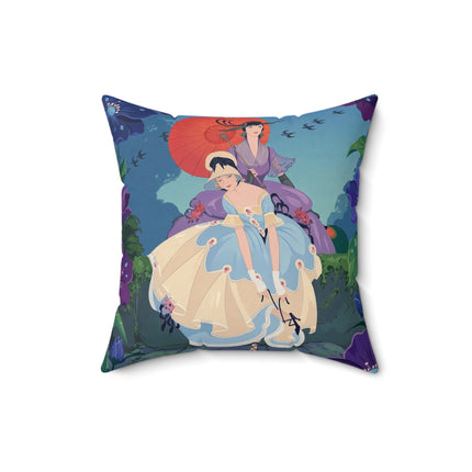 👒🌺 The Ladies Of The Enchanted Garden Stroll Square Pillow – Art Deco Floral Elegance