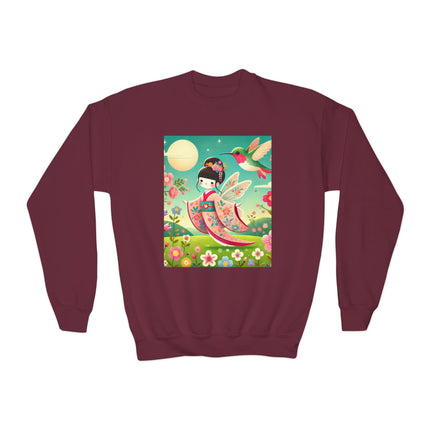 Geisha Fairy and the Hummingbird Blossom Youth Crewneck Sweatshirt – Magic, Grace & Dreamlike Beauty