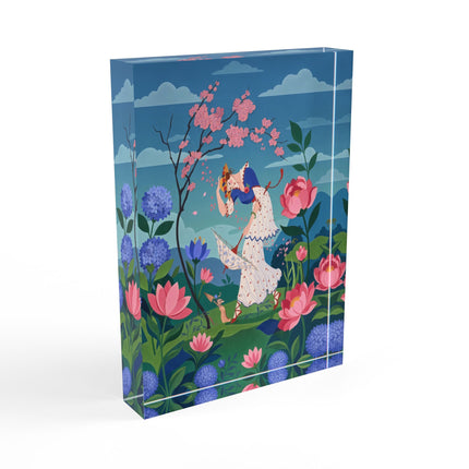 🌸☂️ The Lady Of The Falling Blossoms Acrylic Art Block – Art Deco Garden Whimsy