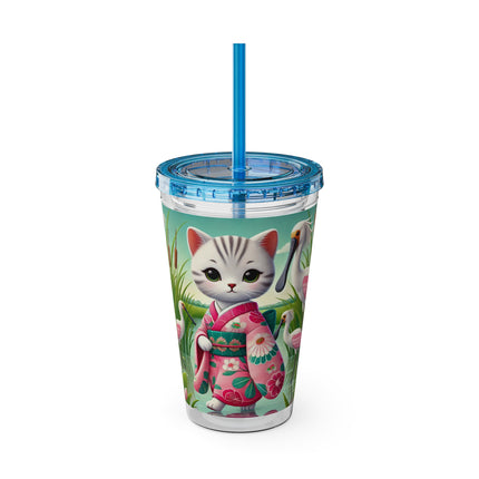 Geisha Kitten Strolls Among the Spoonbills Sunsplash Tumbler with Straw, 16oz