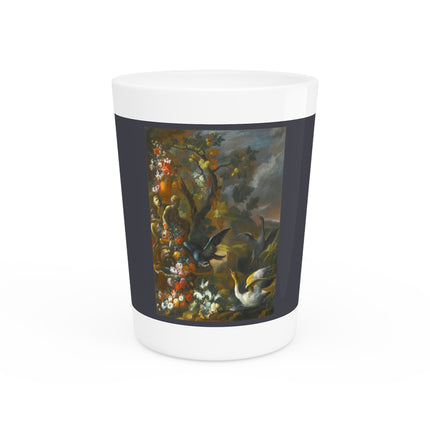 Still Life With Birds Beside An Ornate Fountain by Nicola Casissa Ceramic Shot Glass