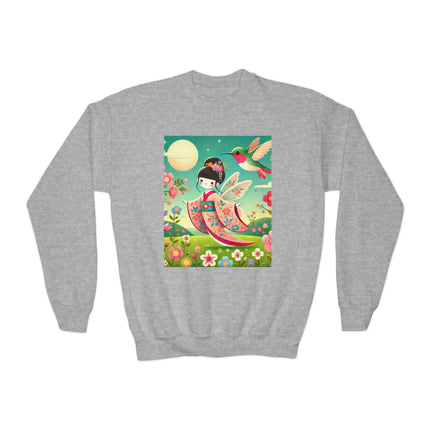 Geisha Fairy and the Hummingbird Blossom Youth Crewneck Sweatshirt – Magic, Grace & Dreamlike Beauty