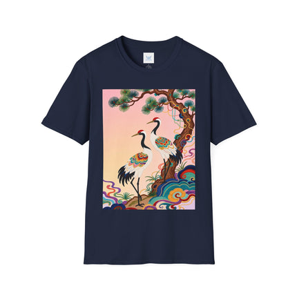 🐦🌸 The Enchanted Crane Garden Softstyle T-Shirt – Oriental Elegance & Colorful Harmony
