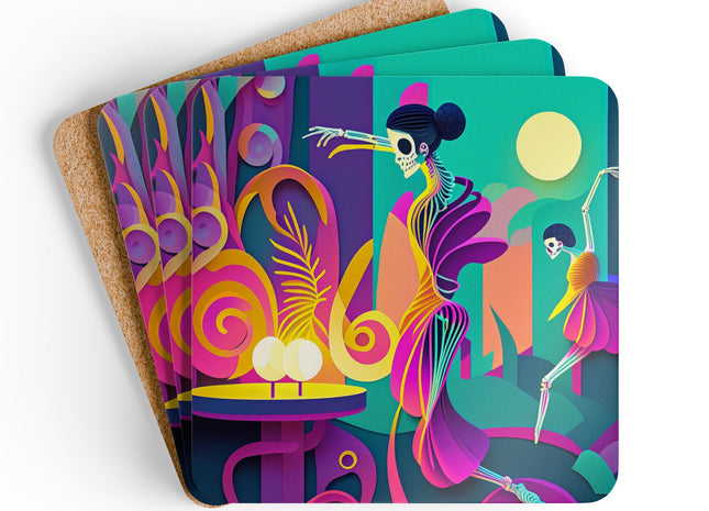 Dance of the Skeleton Ballerinas Corkwood Coaster Set