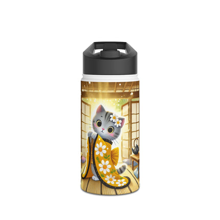 Playful Kitten in the Tea Room Stainless Steel Water Bottle, Standard Lid