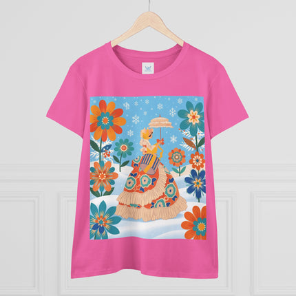 🌼❄️ The Winter Parasol Lady Cotton Tee – Art Deco Floral Fantasy